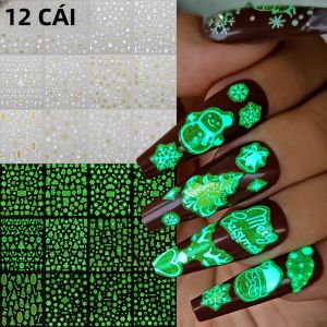 12 Miếng Dán Móng Tay Giáng Sinh 3D Lấp Lánh Hình Bông Tuyết Chuông Nai Sừng Tấm Thiết Kế Cắt Laser Bạc Cây Thông Giáng Sinh Dán Móng Tay Mùa Đông