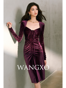 WANGXO | Đầm Ôm Body Phong Cách Retro Đai Ép Nếp Cổ Vuông Màu Nồng