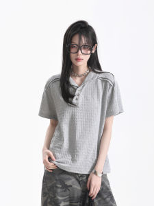zuocisankon | Vintage Ribbed Embroidery Collar Short Sleeve T-Shirt Women