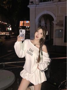 Korean Style Unique to Wear Bud Skirt Womens Early Autumn Letters Printed Waist-Controlled Slant Shoulder Elegant Sweater Dress