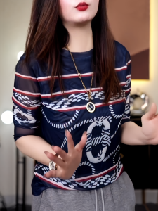 Retro Long Sleeve Mesh T-Shirt Womens Loose Fit plus Size Base Shirt Top Fashionable Spring Autumn New Style Comfortable