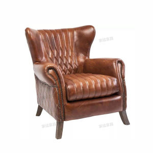 Retro Vintage Style Leisure Chair Oil Wax Leather Backrest Study Cigar Single Sofa Chair Whiskey Home Furniture Living Room