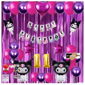 Paket Set Dekorasi Pesta Banner Happy Birthday Serba Kuromi Ultah Balon 100Pcs Pink Ungu