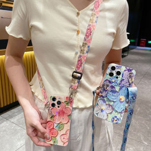 For iPhone 17 Pro MaxTrendy Painting Flower Floral Falowers Soft Casing Silicone Back Cover Wristband Kickstand Crossbody Strap Lanyard Ribbon iPhone 17 Pro Case