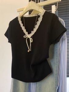 Loose Lace Trim Belted Short Sleeve T-Shirt Women Summer Fashion Ageless V-Neck Top Korean Style Drawstring Fly Sleeve Thin
