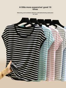 Sleeveless Modal Plus Size T-shirt Womens Summer Thin Casual Bottoming Top Loose Stripes round Neck Short Sleeve Bottoming Shirt