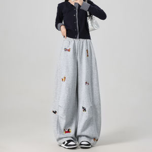 La Chapelle American Style Sausage Dog Embroidery Wide Leg Pants Womens Spring Autumn Loose Casual Sports Pants