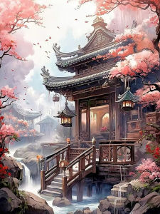 HUACAN Cross Stitch House Landscape Embroidery Kit City Street Cherry Blossom 11CT Threads Needlework Handicrafts