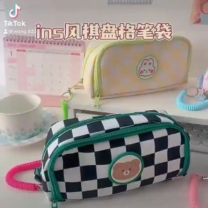 ลายตารางหมากรุกแบบเรียบกล่องดินสอความจุมาก INS ปากกาถุงเขียนผ้าใบนักเรียนแบบอเนกประสงค์LUHAO-22011