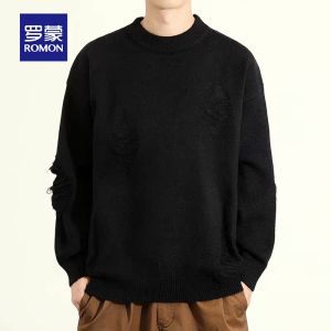ROMON | Lomond Mens Round Neck Sweater Autumn Winter Loose Casual Solid Color Thickened Warm Inner Knitted Sweater Trendy