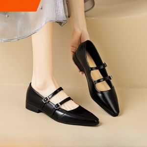 Pointed Toe Mary Jane Shoes Womens Flat Bottom Single Shoes Large Size Shoes 41 to 43 French Vintage Style Fashion Sneakers