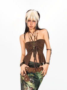 Retro สไตล์อเมริกัน Arielink Strapless Bonded คอ Tank Top สําหรับผู้หญิง Street สไตล์ Slim Fit ความยาวสั้นรูปแบบสีบริสุทธิ์