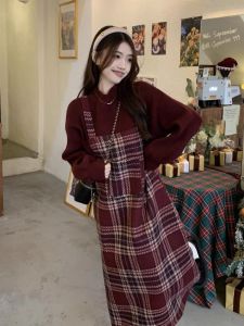 Korean Lazy Style Retro Plaid Knitted Sweater And Overalls Womens Two-Piece Set Winter Warm Flattering High Waist Trousers