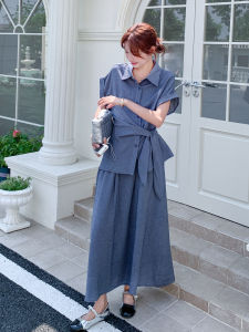 Gray Blue French Design Sensation Old Money Style Shirt Set Women Summer 2025 New Half Skirt Two Piece Set Short Sleeve POLO Collar