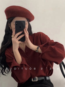 French Vintage Red Shirt Women Spring Autumn Small Casual Loose Collar Standup Silk Blend Top Korean Style Long Sleeve Polo Collar