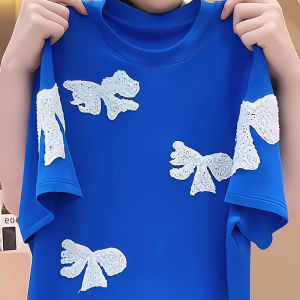 Blue Embroidered Pure Cotton Short Sleeve T-Shirt Womens Casual Fashion Design Summer Top Youthful Korean Style Streetwear