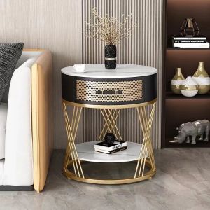 Italian Style Accessible Luxury Stone Plate Side Table Side Cabinet Modern Minimalist Living Room Balcony Sofa and Bedside round Corner Table Creative Drawer