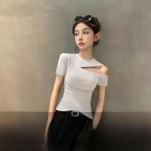 Summer New Black Short Sleeve T-Shirt Womens Slim Fit Shoulder Design Half Sleeve Casual Comfortable Pure Cotton round Neck Top