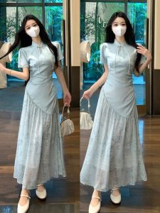 plus Size Womens New Chinese Style Asymmetrical Patchwork Waist Cinching Dress Summer Improved Slimming Cheongsam Long Dress