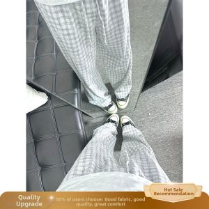 ZHUOCAN | Bubble Linen Gingham Straight Leg Loose Trousers