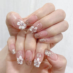 Medium Long Fake Nails for Women Girls Nude Pink Colors with Flowers Sparkling Glitters Square Ballet Tips Press On Nails Art