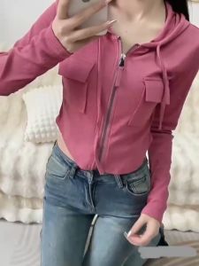Sweet Long Sleeved Hooded Crop Top Women Slim Fit Zipper Top