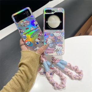เคสป้องกันแบบมีบานพับสีลูกกวาดลายการ์ตูนน่ารัก Samsung Galaxy Z Flip 6 Z Flip 5 Z Flip 4 Z พลิก3เคสหลัง PC แบบแข็งพร้อมสร้อยข้อมือ