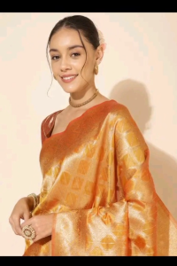 [Ready SG Stock] Yellow Organza Woven Ethnic Motifs Saree with attached Blouse Material - Indian saree