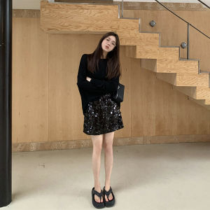กระโปรงสั้นปมประดับเลื่อมสีดำ กระโปรงตาข่าย กระโปรงทรงเอเอวสูง ผ้าโพลีเอสเตอร์ สไตล์เกาหลี ฤดูร้อน 2025