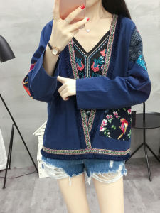 เสื้อคาร์ดิแกนคอวีแขนยาวผ้าฝ้ายลินินสไตล์ชาติพันธุ์ ทรงหลวม ปักลาย ปะติด ตกแต่งกระดุม ฤดูใบไม้ผลิและฤดูใบไม้ร่วง