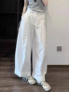 Quần Ống Đứng Rộng Rãi Phong Cách Hàn Quốc Cho Nữ Mùa Thu Quần Ống Rộng Màu Trắng Quần Công Sở Thoải Mái