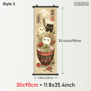 VIKAMA Cute Kitten Ramen Tri-Panel Scroll Tapestry Japanese Anime Wall Art for Bedroom Aesthetic Room Decoration for Girls
