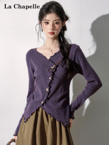 La Chapelle | Asymmetric V-Neck Wooden Edge Long Sleeve Fitted Knit Top