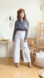 Celana Kulot Sobek Jeans - Celana Kulot Ripped Tidak Tembus - Celana Kulot Ripped Putih