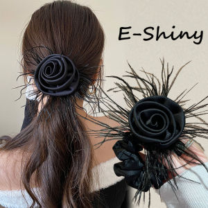 เครื่องประดับเชือกมัดผมผ้ายืดหยุ่นผู้หญิงลายดอกไม้สีดำหวานยางรัดผม