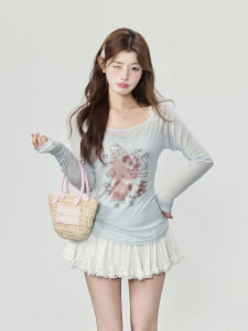 Sweet T-Shirt แขนยาว ผ้าตาข่าย ผู้หญิง ฤดูร้อน เสื้อคลุมกันแดด คอกลม ลายแมว KT สไตล์เกาหลี เสื้อผ้าทำงาน