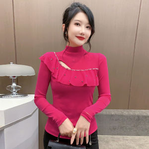 YIMEI เสื้อยืดผู้หญิงเสื้อเชิ้ตลีลาศติดเล็บคอสูงสีแดงกุหลาบไม่สม่ำเสมอสไตล์เกาหลีฤดูใบไม้ร่วงใหม่เสื้อยืดผู้หญิงสวย