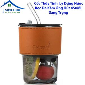Cốc Thủy Tinh Ly Đựng Nước Bọc Da Kèm Ống Hút 450ML Sang Trọng