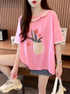 Summer New High Waist Short Sleeve Pure Cotton Womens T-shirt Small Size Floral Lace Splicing Top Commute Style round Neck