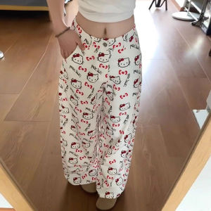 High Waist Wide Leg Denim Jeans Women plus Size Loose Fit Printed Hellokitty Straight Leg Pants Casual Trousers for Ladies