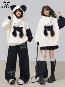 KEIKO | Fuzzy Cat Embroidery Hooded Relaxed Loose Color Block Womens Casual Jacket