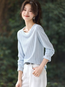 MOHANYIMEI | Shoulder-Fitting Textured Long Sleeve Two-Tone V-Neck Versatile Women T-Shirt