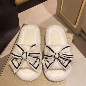 Young Adult Heart Bows Cotton Slippers Womens Autumn and Winter Warm Non-Slip Interior Home Cute Fashion Fur Hyoma