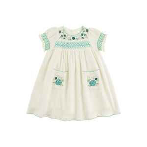 Váy Thêu Hoa Thoáng Khí Mùa Hè Cho Bé Gái Váy Xếp Ly Màu Tương Phản Váy Cotton Trang Phục Trẻ Em Thường Ngày Váy Cho Bé Gái