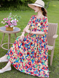 Elegant Summer Cotton Silk Young Style Thin Short Sleeve Beach Dress Classy Mom Dress Floral Print Vacation Wear Loose Waist