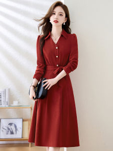 Red Long Sleeve Dress Elegant Professional Shirt Style Mid-Length A-Line Skirt High Waist Polyester Fiber Resin Solid Color