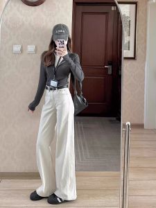 Quần Jeans Ống Rộng Cạp Cao Màu Be Đen Cho Nữ Quần Dài Ôm Dáng Mùa Xuân Thu Quần Dài Dài Đến Sàn Cho Người Cao Cấp