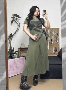 plus Size Womens Vintage Washed Military Green Print T-Shirt Dress Slim Fit Long A-Line Skirt Korean Style Summer Dress