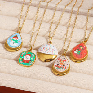 Colored Printed Stainless Steel Gold Color PVD Plated Christmas Charms Pendant Necklace For Women Waterproof Party Jewelry Gift