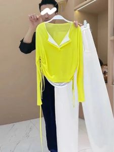 Áo Thun Nữ Tay Dài Thời Trang Không Đều Eo Che Bụng Mùa Xuân Mới Chống Nắng Thắt Nơ Xếp Ly T-shirt Hợp Thời Trang